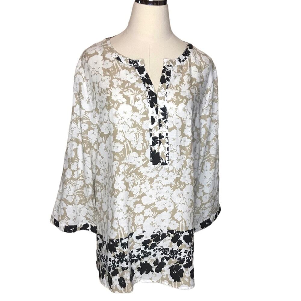 Orvis-XL(18-20) 100% Linen Floral Print Tunic-Tab Sleeve Hi-Low Hem